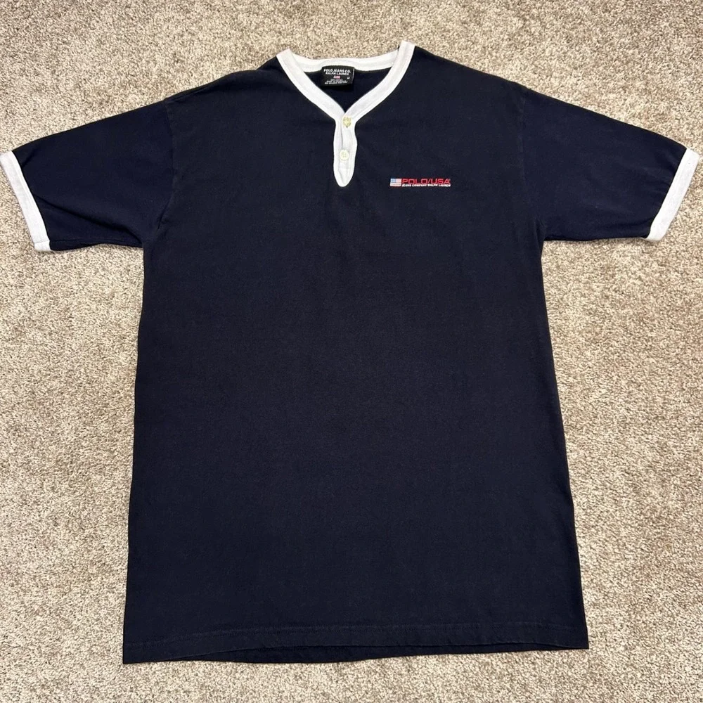 Vintage Polo Jeans Company Ralph Lauren Tshirt Men Size Medium Button Preppy - Picture 2 of 8